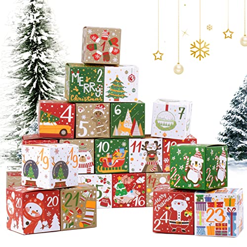 Calendario de Adviento Navidad 24pcs Cajas de Regalo para Fiesta Navidad Cajitas Papel 7x7x7cm Detalle Dulces Bombones Galletas Caja Regalo Navideño