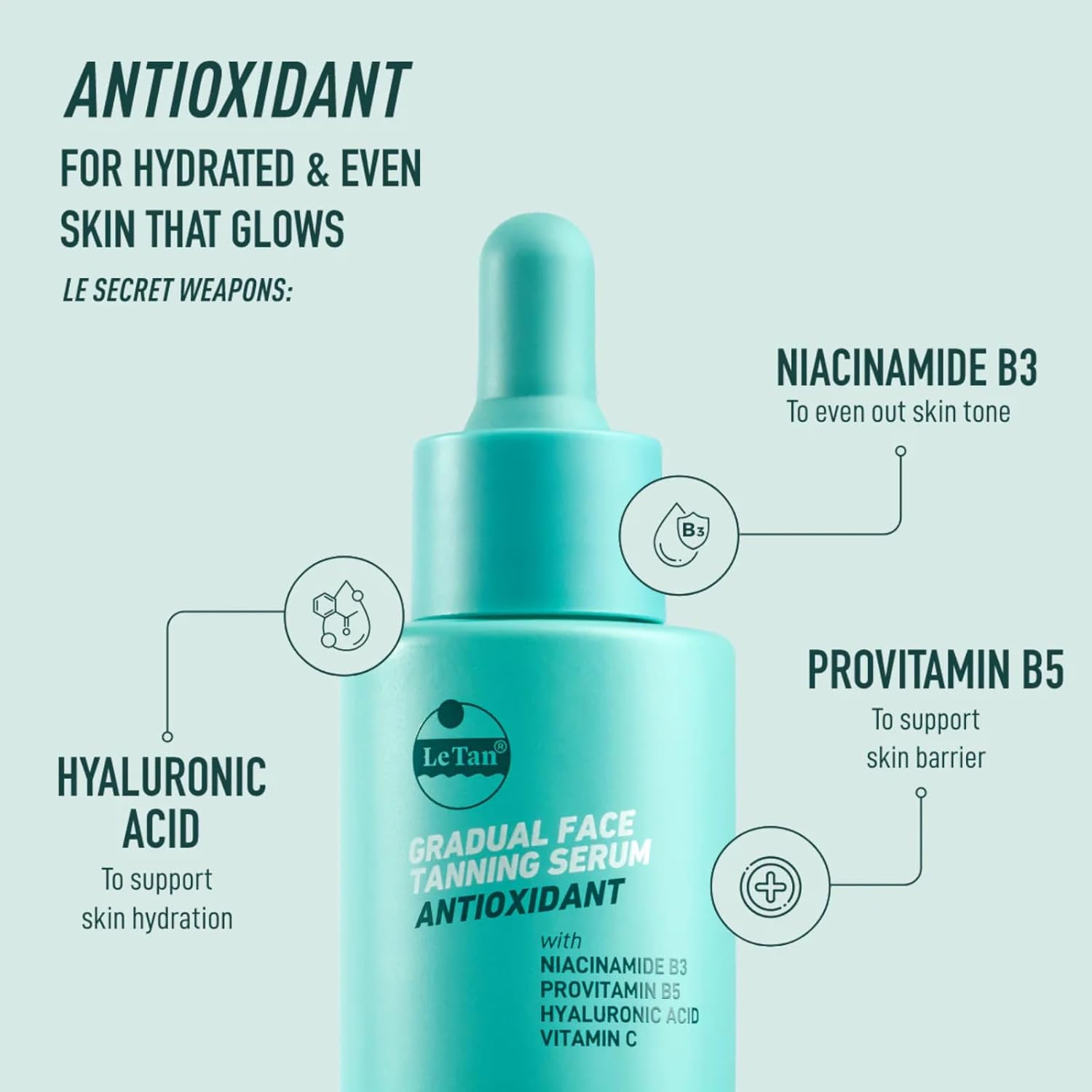 Self Tanning Drops by Le Tan | Anti Aging Self Tan Intense Hydration Lightweight Fast Absorbing Hydrates with Niacinamide, Hyaluronic Acid Sun Kissed Look 1oz (Antioxidant)