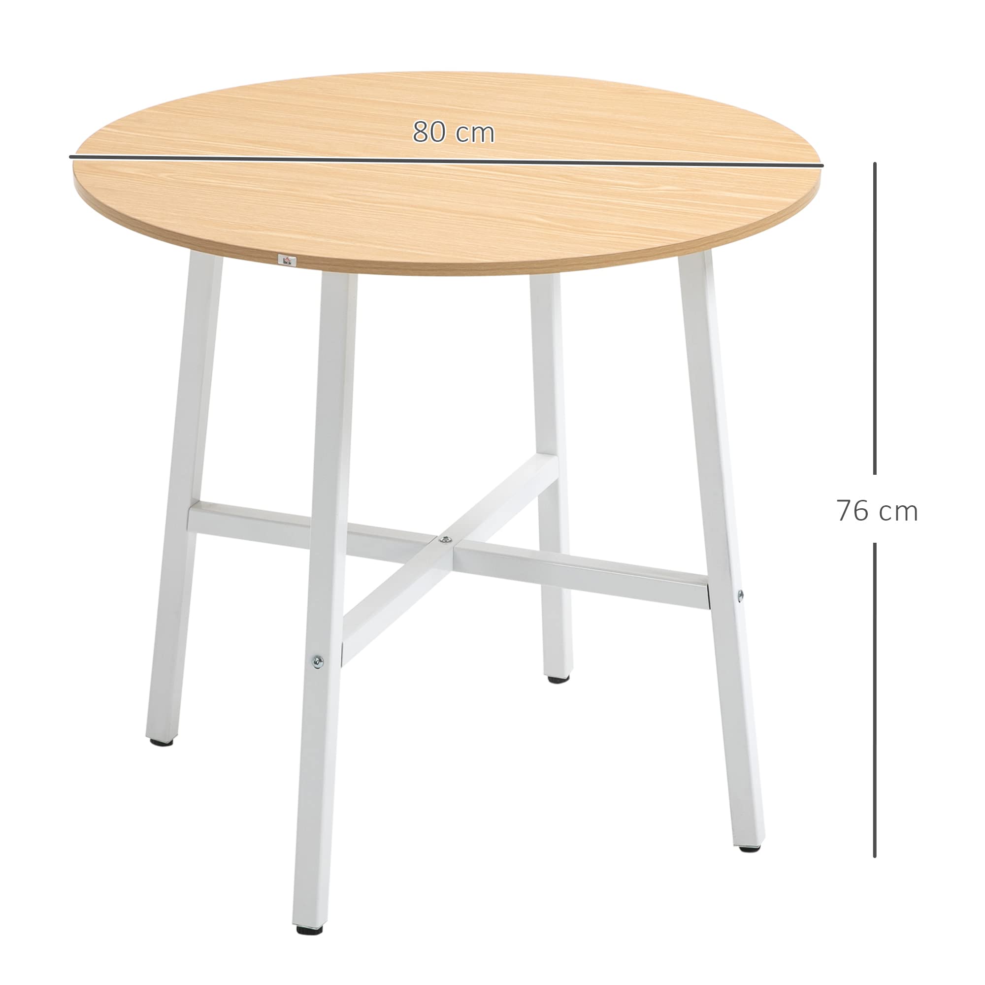 HOMCOM Mesa de Comedor Redonda 4 Personas Ø80x76 cm Natural y Blanco | Mesa de Cocina, Patas de Acero, Salón, Oficina