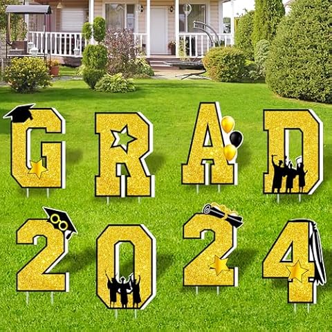 Mosoan Graduation Yard Sign Decorations 2024-8PCS Large Size Glittering Congrats Grad Yard Sign with Stakes - Graduation Party Decorations Supplies for Class of 2024, College, High School - Gold Cover