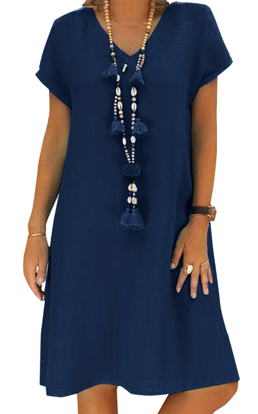 Tincini Sommerkleid Damen Leinen Kleider Casual V-Ausschnitt Midikleid Kurzarm A-Linie Kleid Strandkleid Ohne Zubehör