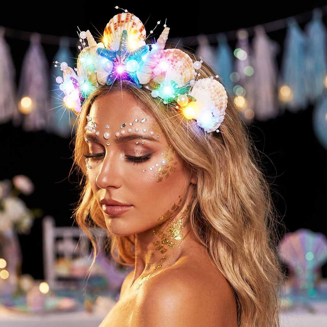 BARTOSI Light Up Mermaid Crown LED Seashell Tiaras Starfish Headband Mermaid Hair Accessories for Women - Image 7