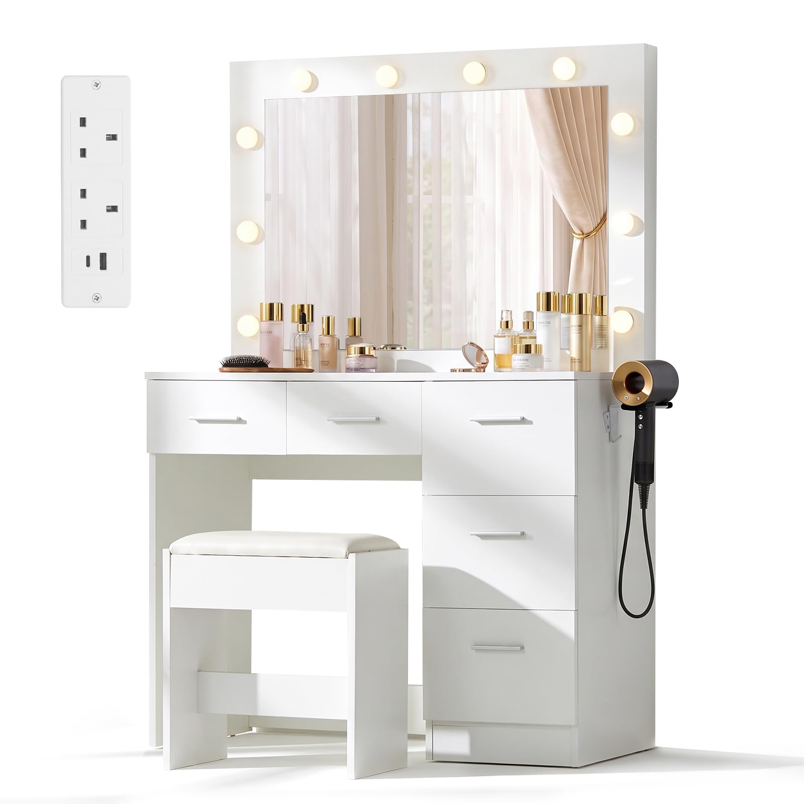 LEMROE Dressing Table with LED Mirror and 5 Drawers, USB Charging Station