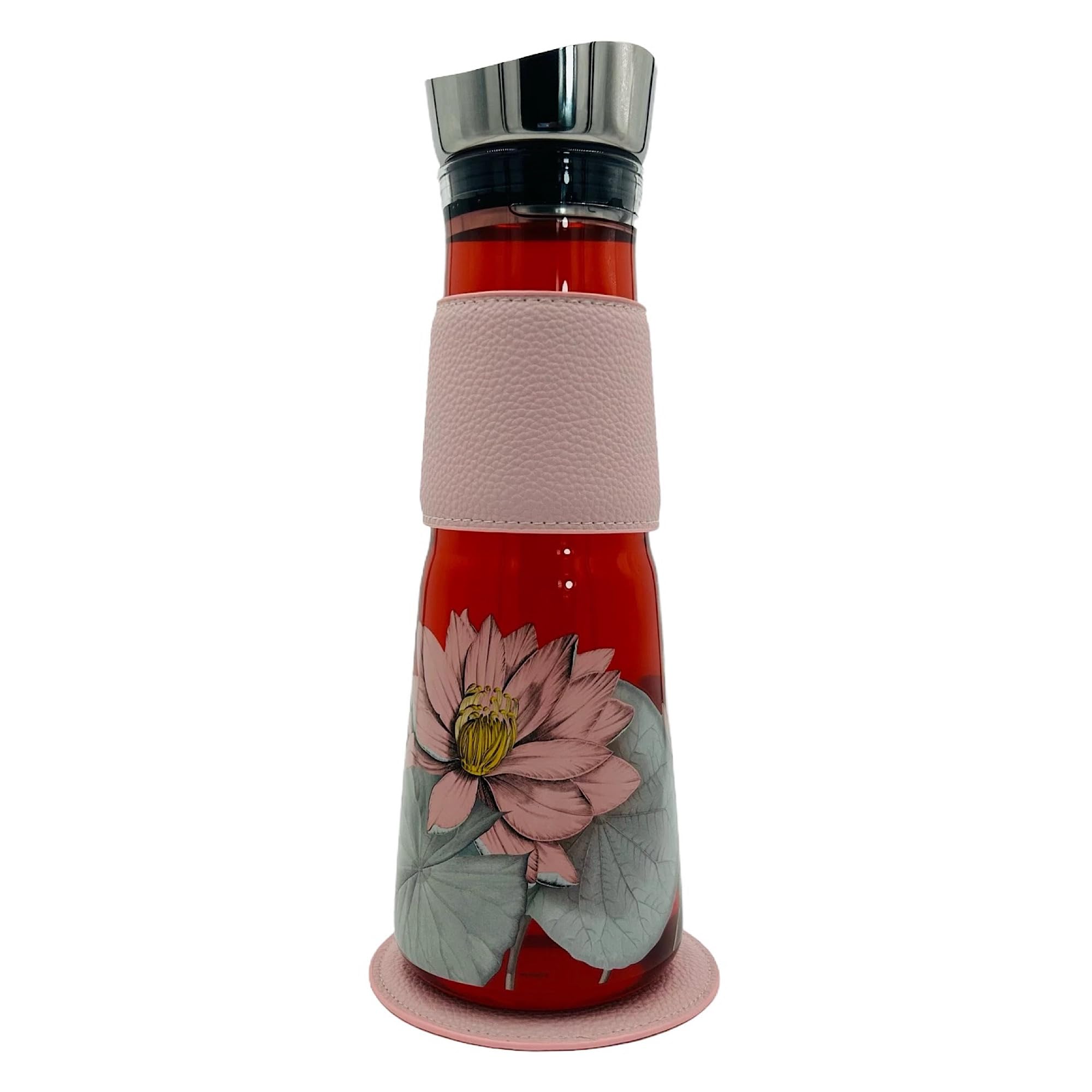 Jarra EVE Padma Rosa – con colador de acero inoxidable extraíble, manguito de piel sintética y platillo – Cristal de borosilicato neutro y resistente a la temperatura – Capacidad de 1,25 L