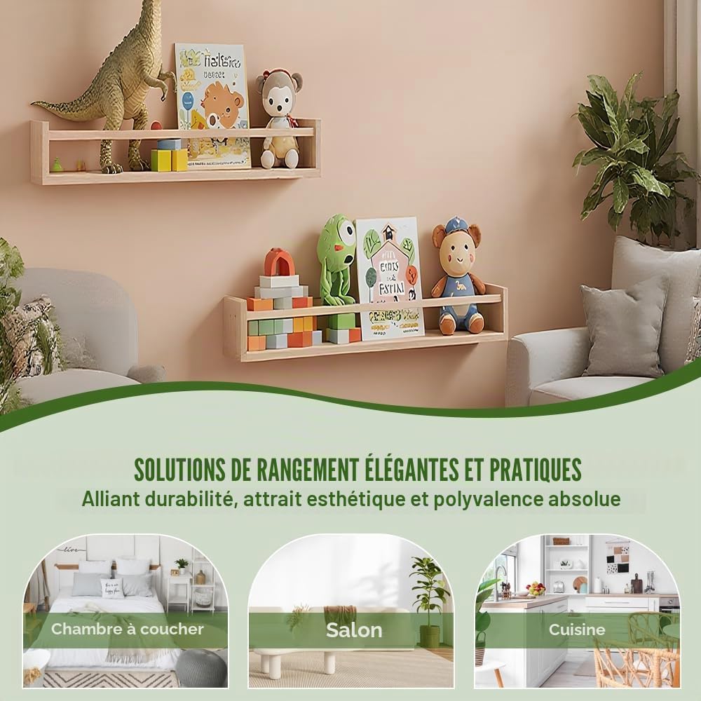 HEKOBAG Lot de 4 Étagères Murales Flottantes en Bois, 41cm Étagère Livres Flottante, Étagère à Livres pour Enfants, Bibliothèque Murale Flottante pour Chambre à Coucher, Salon, Salle de Bain