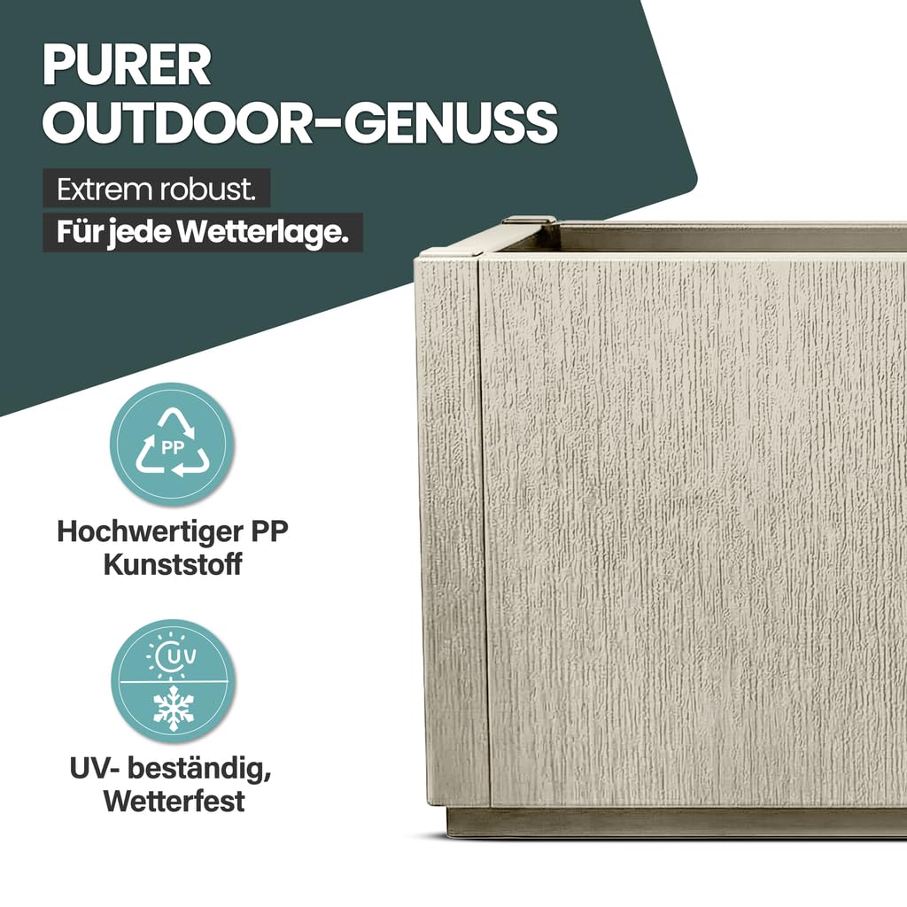 Kreher® XL Pflanzkasten Blumenkasten im Struktur-Design aus Kunststoff Maße BxTxH in cm: 80 x 36 x 36 cm. (Beige)