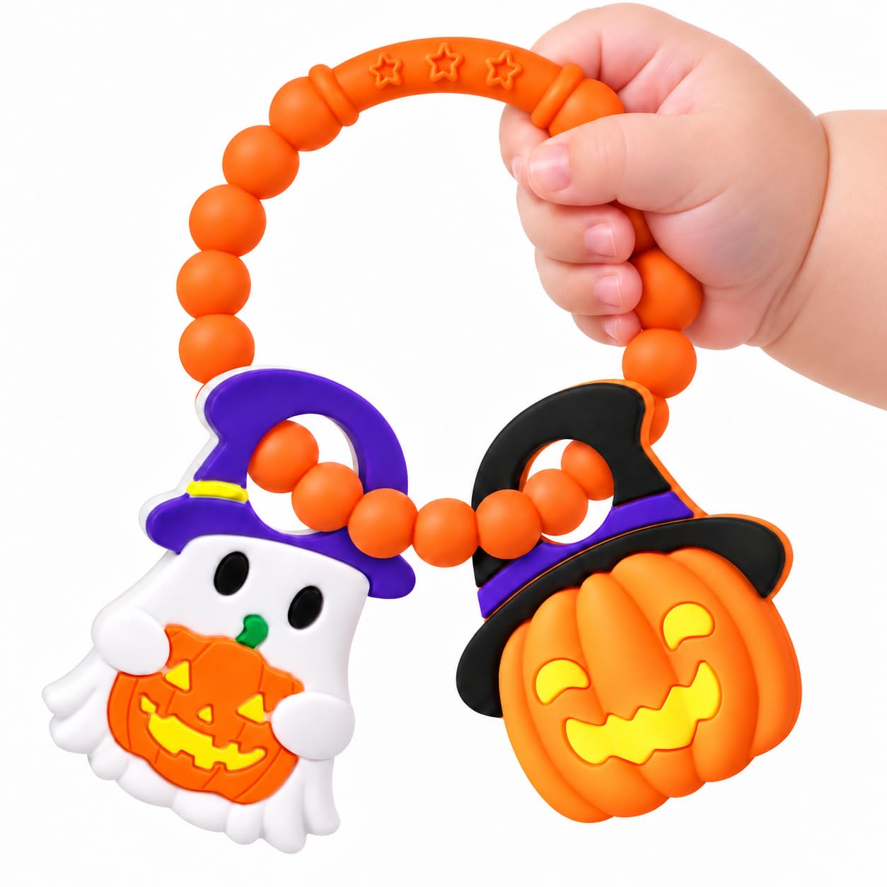Baby Halloween Teething Toys, Soft Pumpkin & Ghost Textured Silicone Teether for 3-6 6-12 Months, BPA-Free Bab