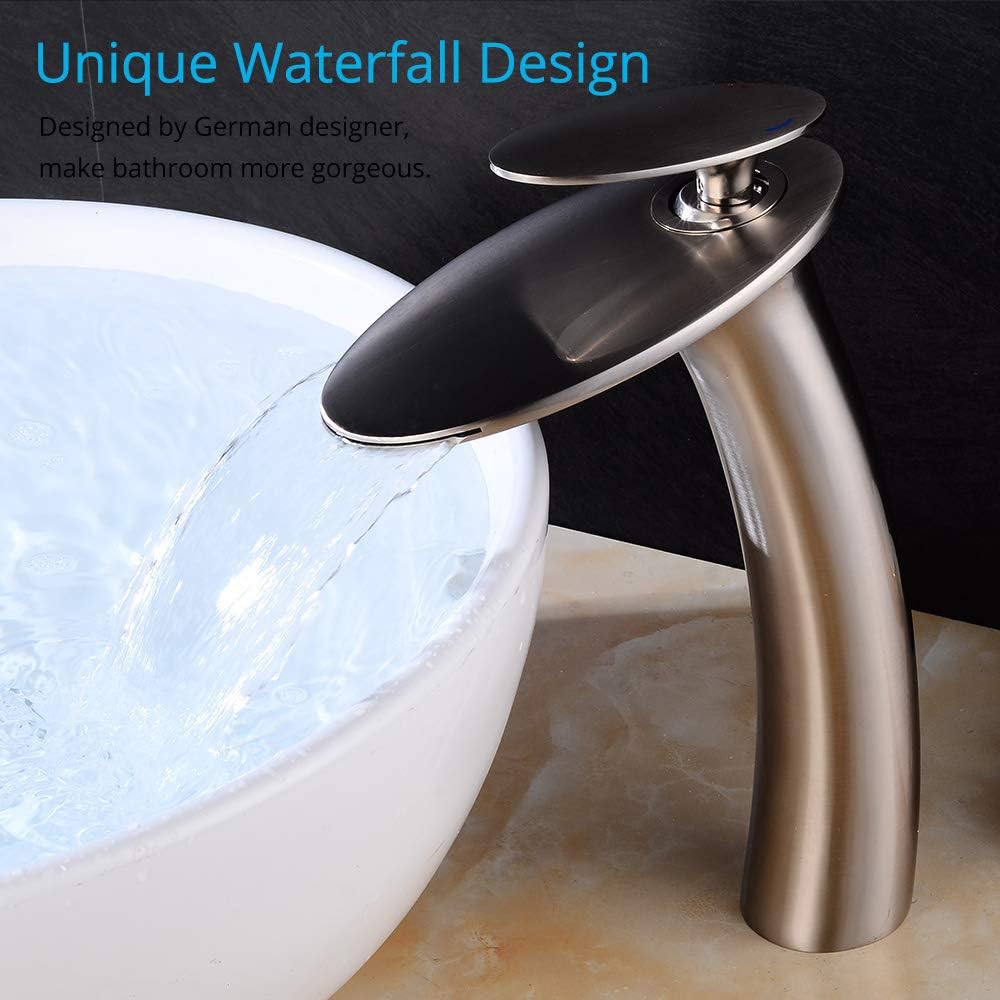70% оƒƒ Dіѕсоunt Wovier Brushed Nickel Waterfall Bathroom Sink Faucet with Supply Hose and Pop Up Drain,Single Handle Single Hole Vessel Lavatory Faucet,Slanted Body Basin Mixer Tap Tall Body Commercial