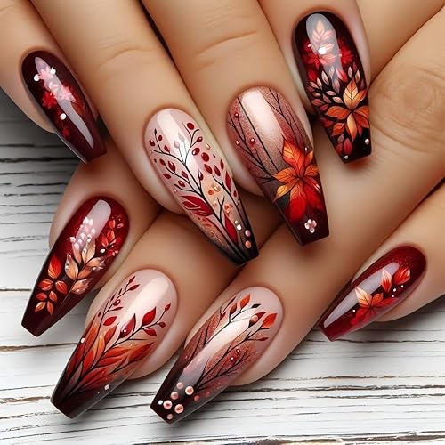 24 Pcs Fall Leaf Press on Nails Medium Coffin Maple