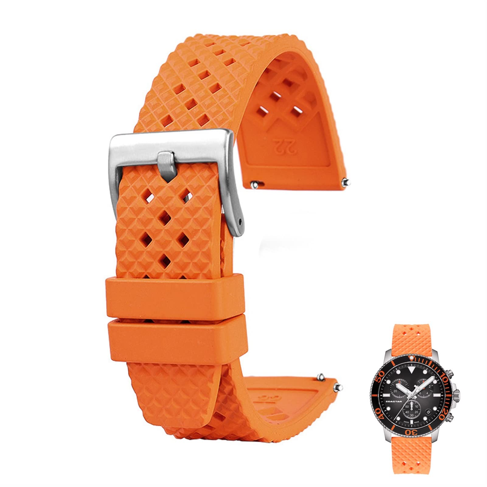 Correa de reloj de goma fluoro de 20mm con cierre plateado y diseño impermeable color naranja