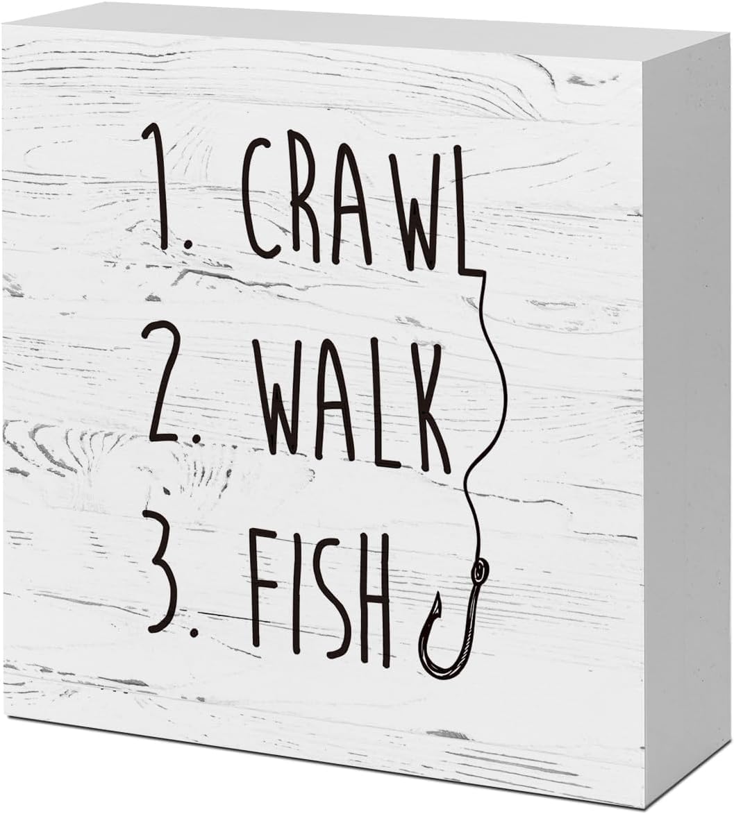 Funny Baby Fishing Crawl Walk Decor Wooden Box Sign Bedroom Baby Room Shelf Table New Parent Gift 5 × 5 in