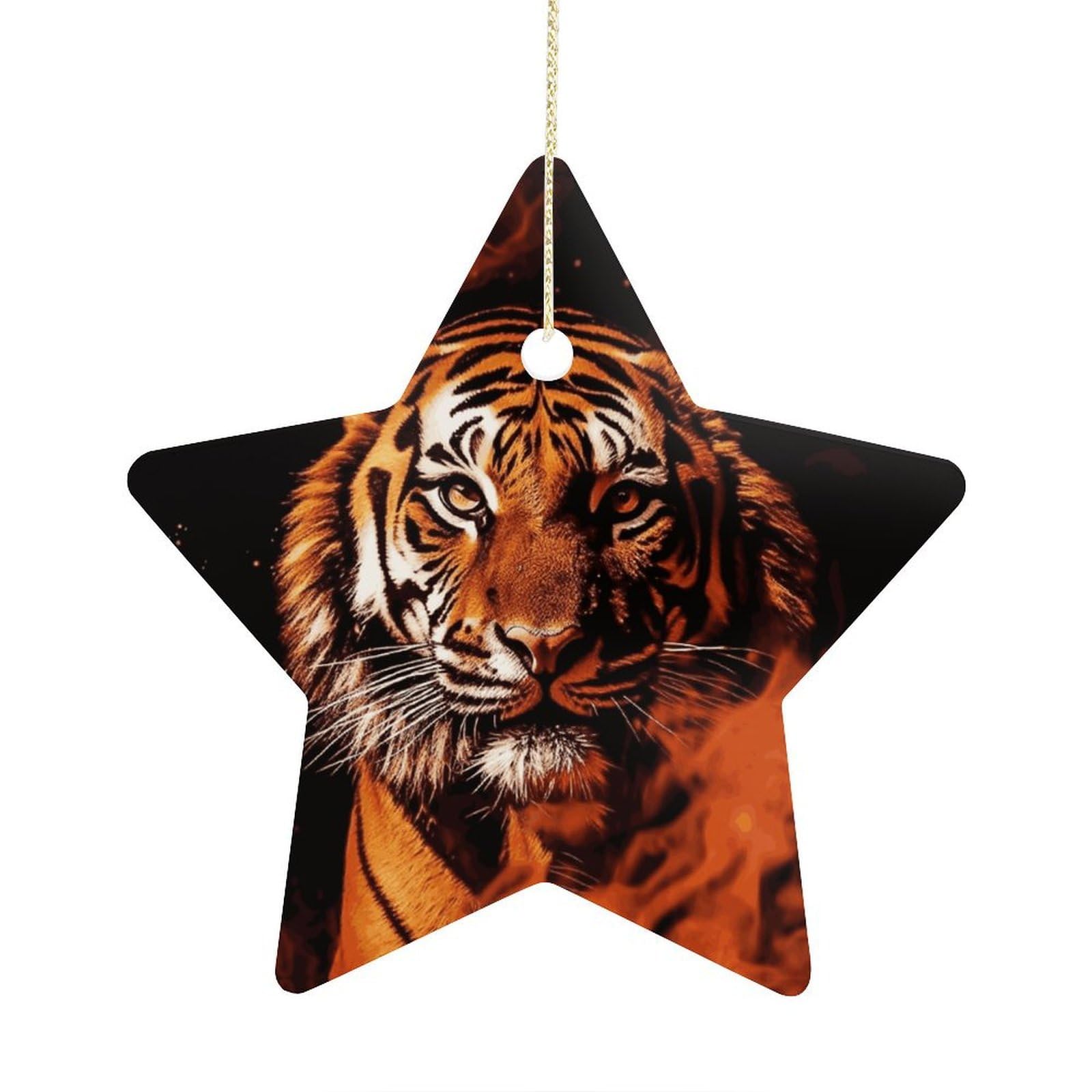 Tiger in Fire Stars Ornaments Ceramic Christmas Tree Hanging Light in Weight Christmas Star Pendants Funny Double-Sided Printed Xmas Ornaments for Gifts