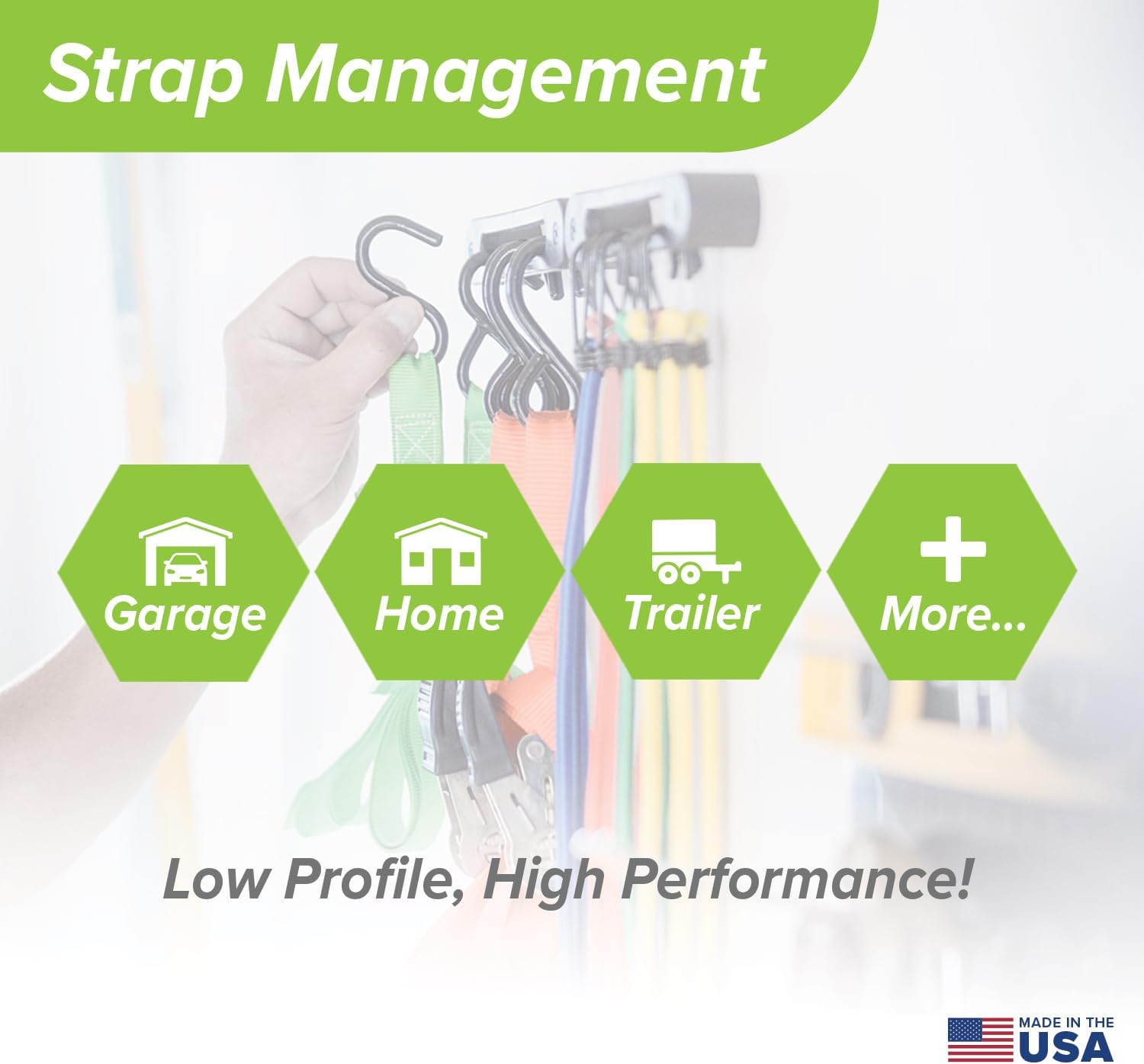 AV1 Hook Rail Strap Organizer (12-Pack) – Low Profile Tie Down, Ratchet & Bungee Cord Storage for Garage, Workshop, Home or Enclosed Trailer – Made in USA – Backed by Our Guarantee!