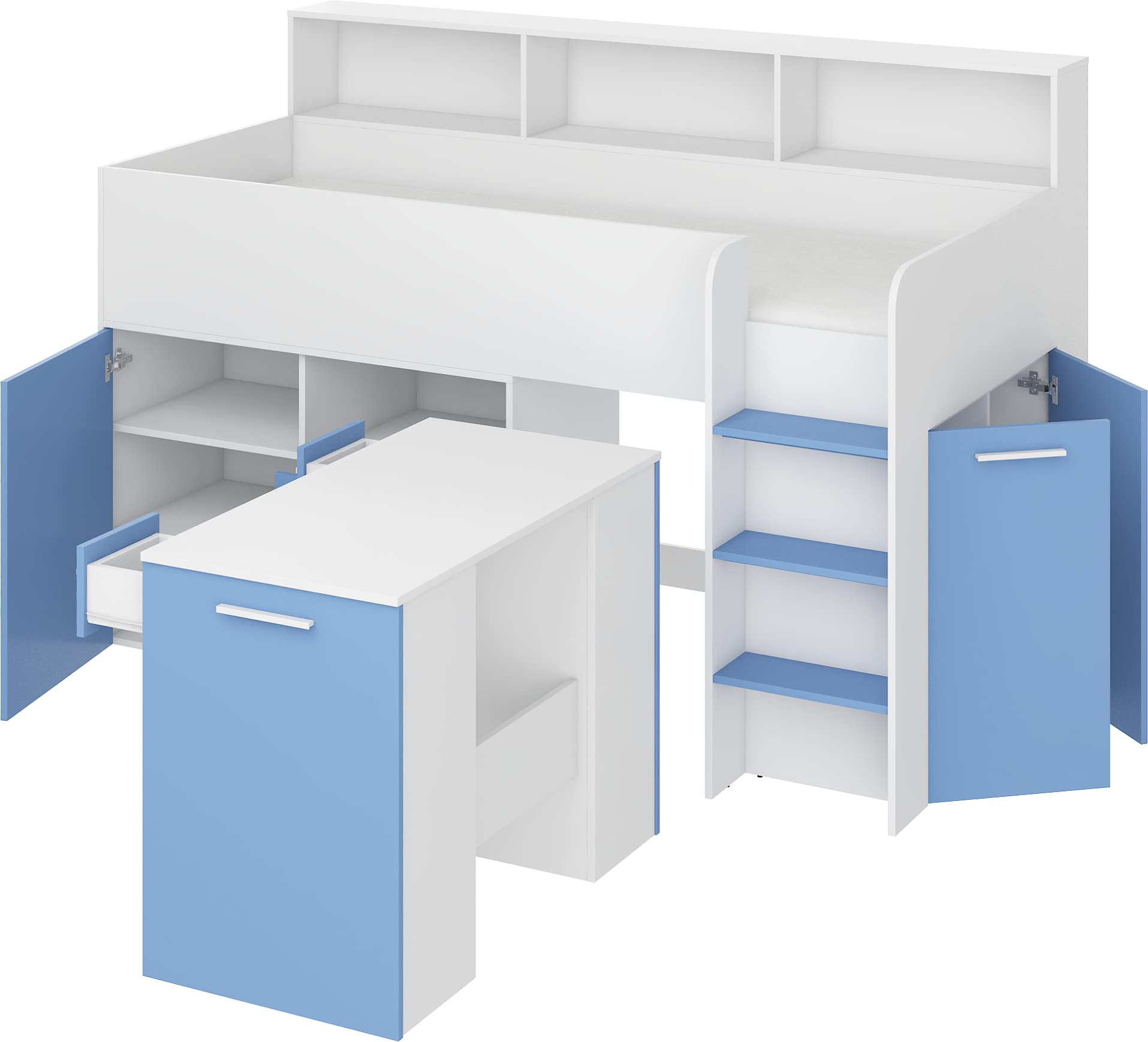 FurnitureByJDMModern, Compact - High Sleeper Bed with Desk, Drawers and Bookcase - NEO R - (White/SkyBlue)
