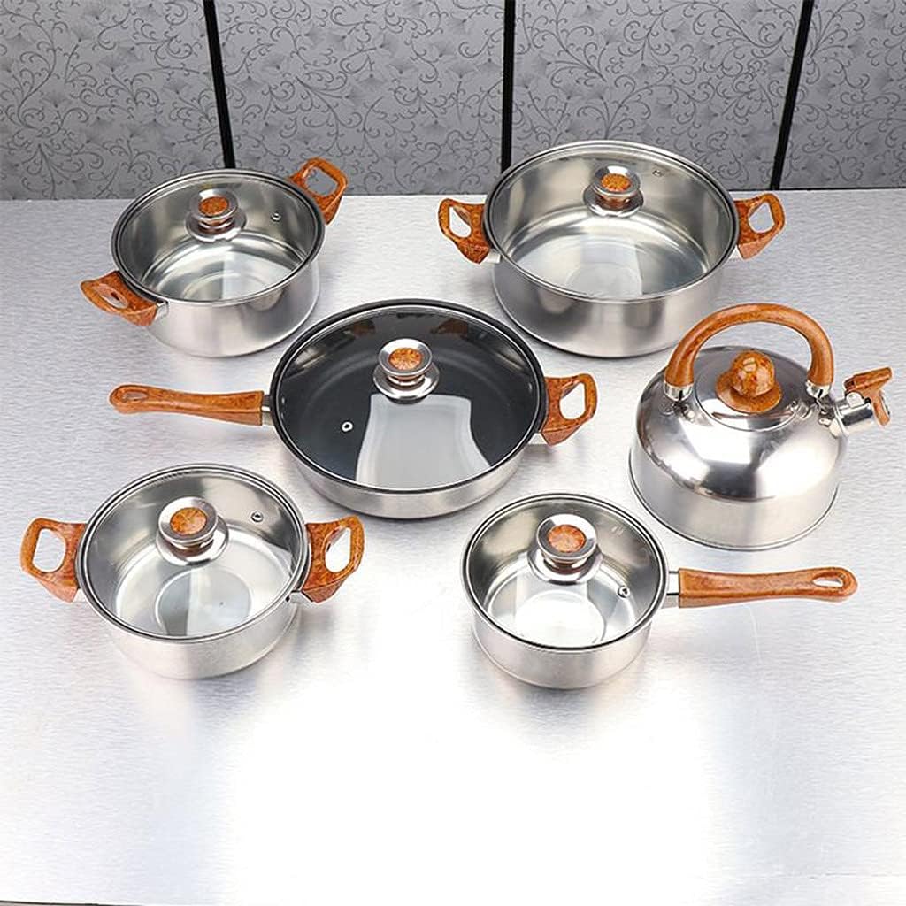 Cooking Pot, Frying Pan,Cookware Set 12 Piece Kitchen Stainless Steel & Pan Sets Induction Saucepan Casserole Pan Glass Lid Pans (B) vision