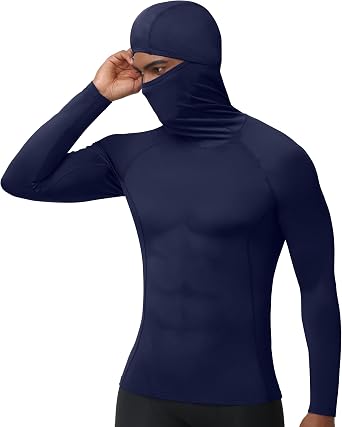 Mens Compression Shirt Hoodie with Mask, Long Sleeve Athletic Base Layer Top, Cool Dry Workout Sports Undershirt