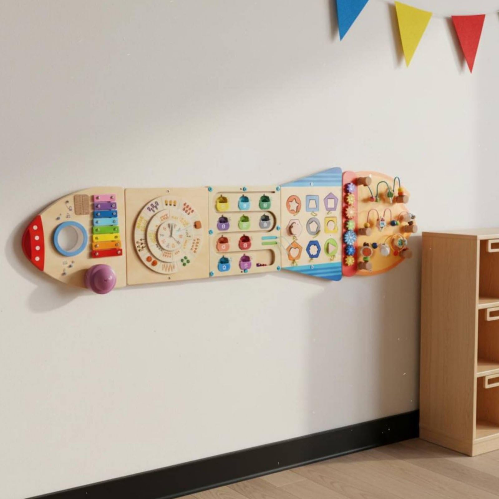 Colcolo Children Learning Board Tavola Interattiva Pannello Educativo Legno da Parete con Forme Ad Incastro Ruota dei Numeri Ingranaggi Xilofono per