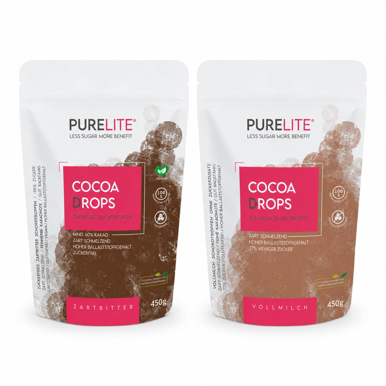 PURELITE Schoko Drops Bundle Zartbitter & Vollmilch ohne Zuckerzusatz – Vegane & vegetarische Cocoa Drops mit Erythrit & Stevia zum Backen, Schmelzen, Snacken & für Fondue oder Kuvertüre, 2 x 450 g