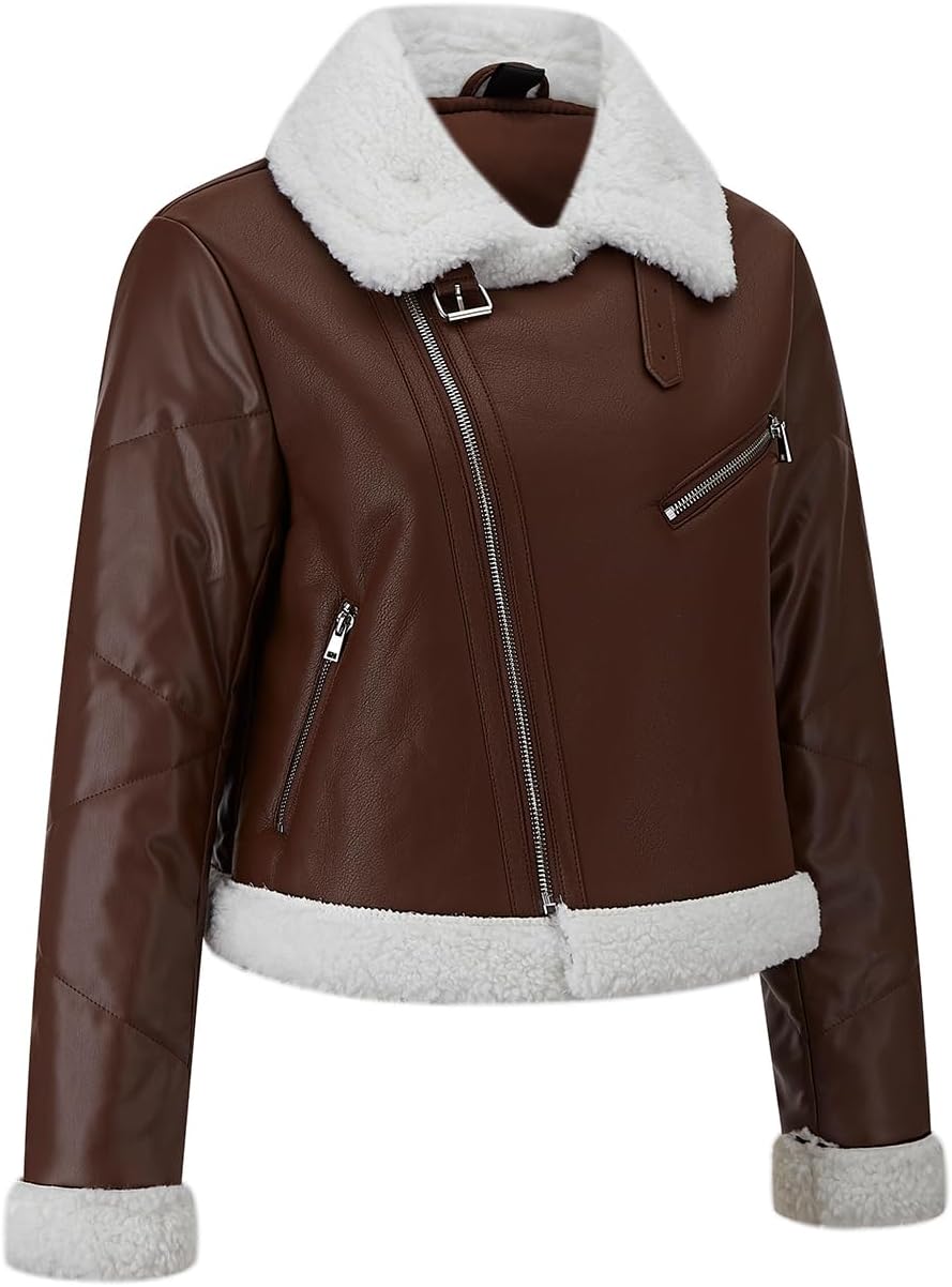 Women Fur Leather Jacket Shearing Cropped Faux Fur Lined Moto Biker Coat - Image 3