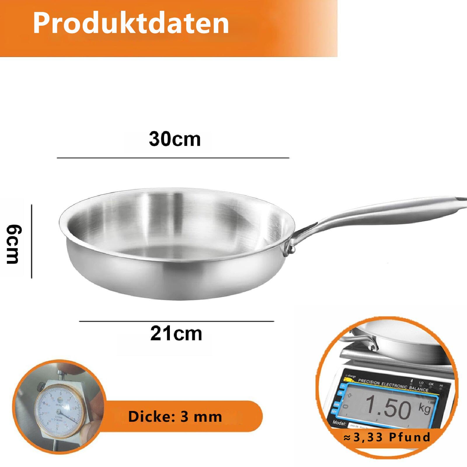 Edelstahlpfanne 30 cm mit Deckel, Durchgehend 3-lagig (3 mm) | Unbeschichtet Bratpfanne, Energieeffizient, für Induktion, Backofenfest bis 400°C, Geeignet für Steaks, Hähnchenbrust