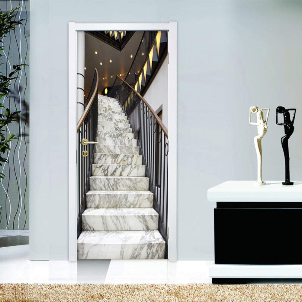 Papier peint de porte autocollant effet marbre pour rénover un escalier