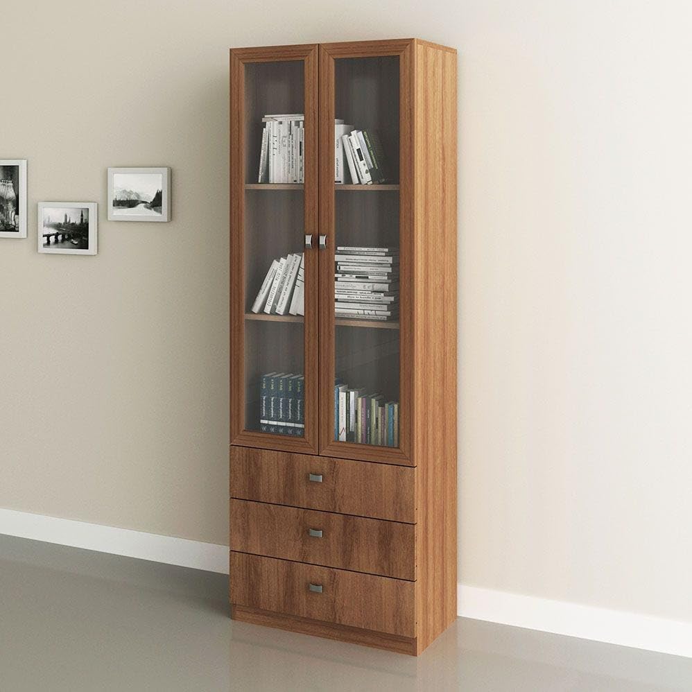 Danube Home Kinsey Display Cabinet With 2 Glass Doors & 3 Drawers | Modern Design Wooden Organiser Cupboard | Multifunctional Display Rack Bookcase For Home Office L 60 x W 31.5 x H 171.5 cm - Brown