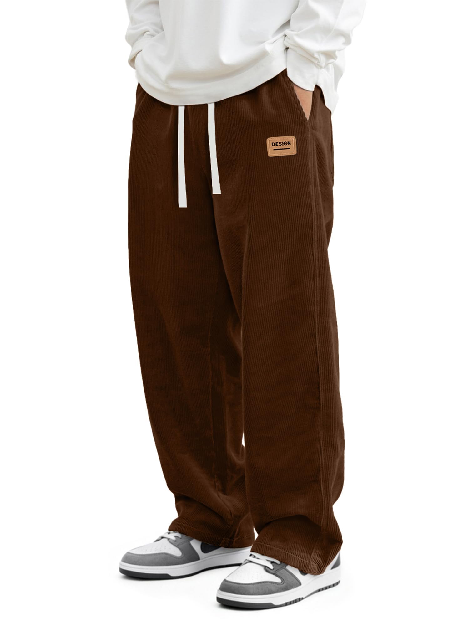 JEMLDL Mens Corduroy Pants Drawstring Elastic Waist Casual Pants Straight Baggy Sweatpants with Pockets