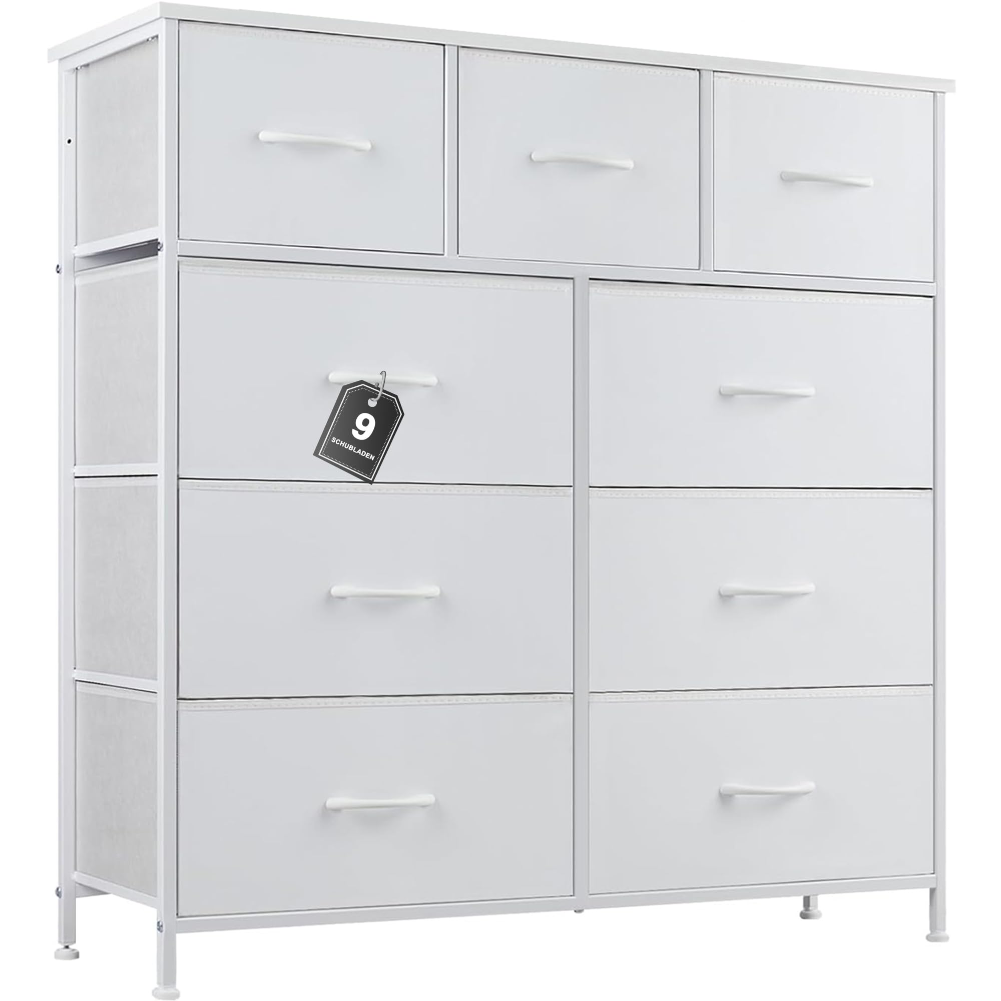 DUMOS Kommode mit Schubladen - Kommoden & Sideboards für Schlafzimmer Geeignet, Komodenschrank mit 9 Schubladen, Stoffkommode mit Stabilem Stahlrahmen, Ideal für Schlafzimmer, Wohnzimmer (Weiß)