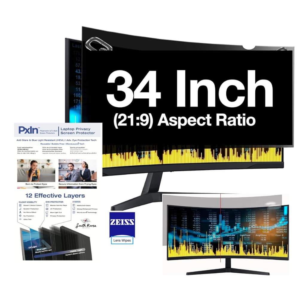 PxIn 34 Inch (21:9) Curved Monitor Privacy Screen Filter - NO Eye Strain | Anti-Blue Light + Anti-Glare | No Dry Eyes | Privacy Screen Protector
