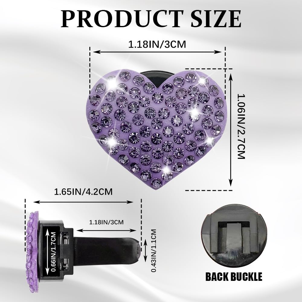 4PCS Heart-Shaped Car Vent Clip with Rhinestone, Vent Clip Car Accessories, Sparkly Rhinestone Bling Diamond Freshener Holder, Air Conditioning Outlet Ornament for Women Girls (Purple, Style1)
