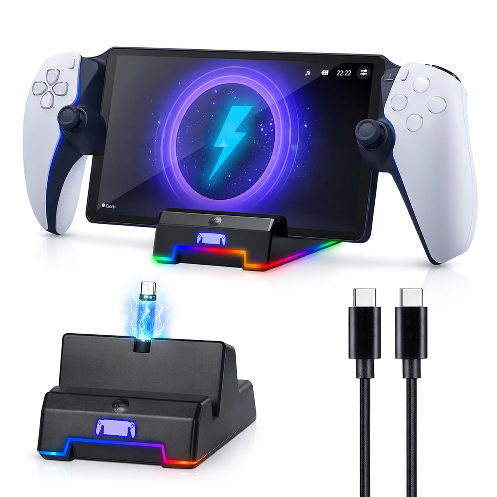 Estación de Carga para PS Portal, iluminación RGB, Soporte con Cable de Carga Tipo C para Play5 Portal, Accesorios Adaptador Base de Corriente Dock portátil para PS Portal Remote Player