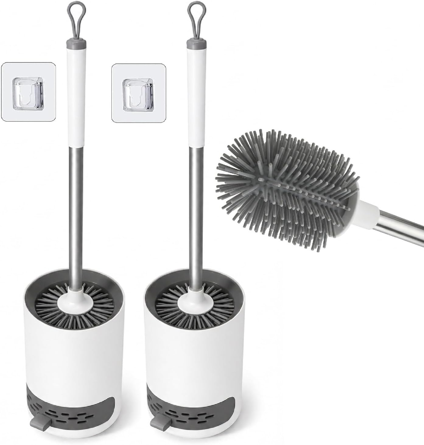 Clyton Pack 2 Silicone Toilet Brush with Holder Stand, Toilet Cleaning Brush with Self Adhesive Wall Mounted Ventilated Drying Stand, Commode Brush, Bathroom Cleaning Brush, Toilet Bowl Cleaner Brush