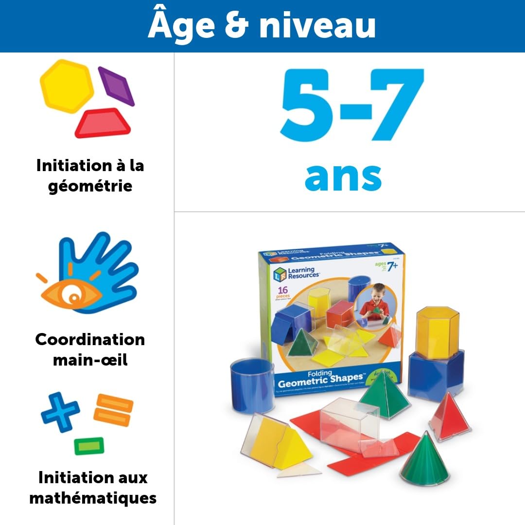 Learning Resources – Formes Géométriques Pliables – 16 Solides 3D Transparente avec Bases Amovibles – Jouet Éducatif STEM pour Enfants et Classes