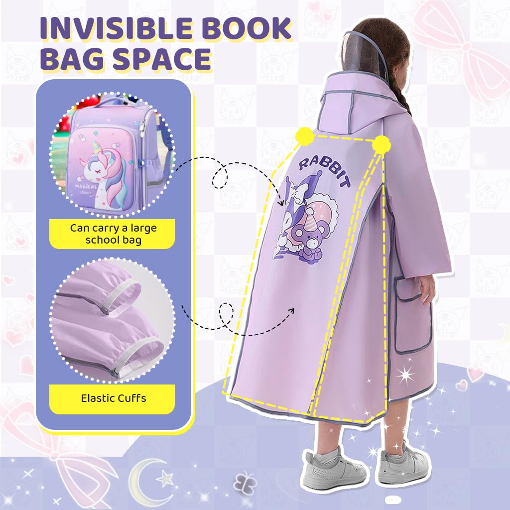 PATPAT® Rain Poncho for Girls Kids Rain Coat EVA Coat Knee-length with Transparent Wide Brim Hat & Pocket Button-Up High Collar Cartoon Kuromi for School,Camping,L 2