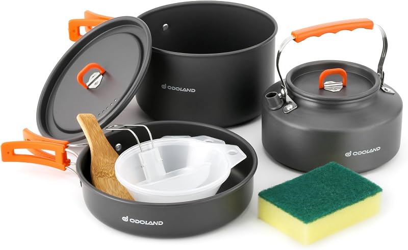 Juego de 10 utensilios de cocina para acampar, ollas y sartenes con hervidor, tazones de plástico y cuchara de sopa para acampar, mochileros, cocinar al aire libre y picnic