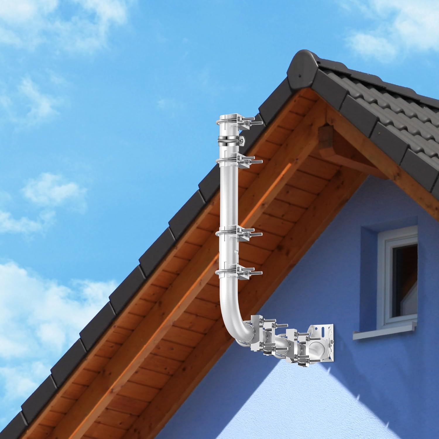 Montageset für Lange Wandantenne – Halterung für Lange Dachrinnenstangen, komplett mit 90° Winkel, Verlängerungsrohr, Verbindungsadapter und Schrauben. Perfekt für Externe TV-Antennen