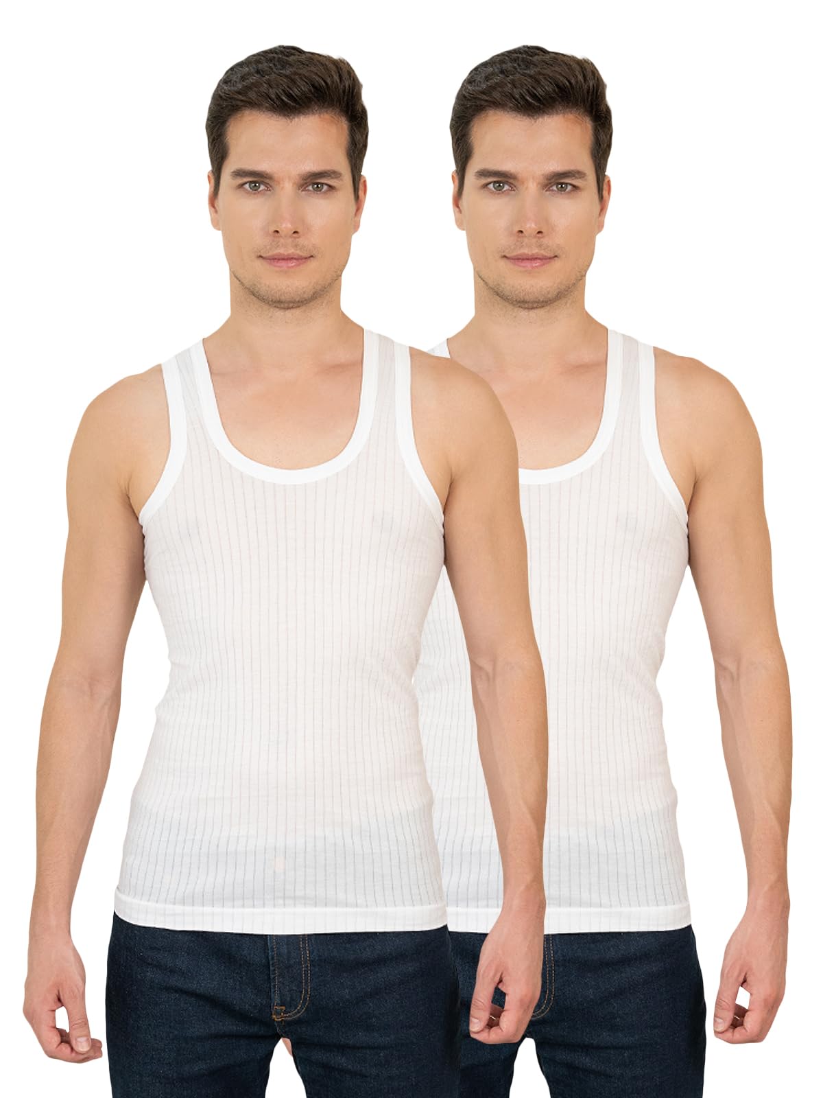 Men's Pack of 2 White Premium Cotton Round Neck Vest