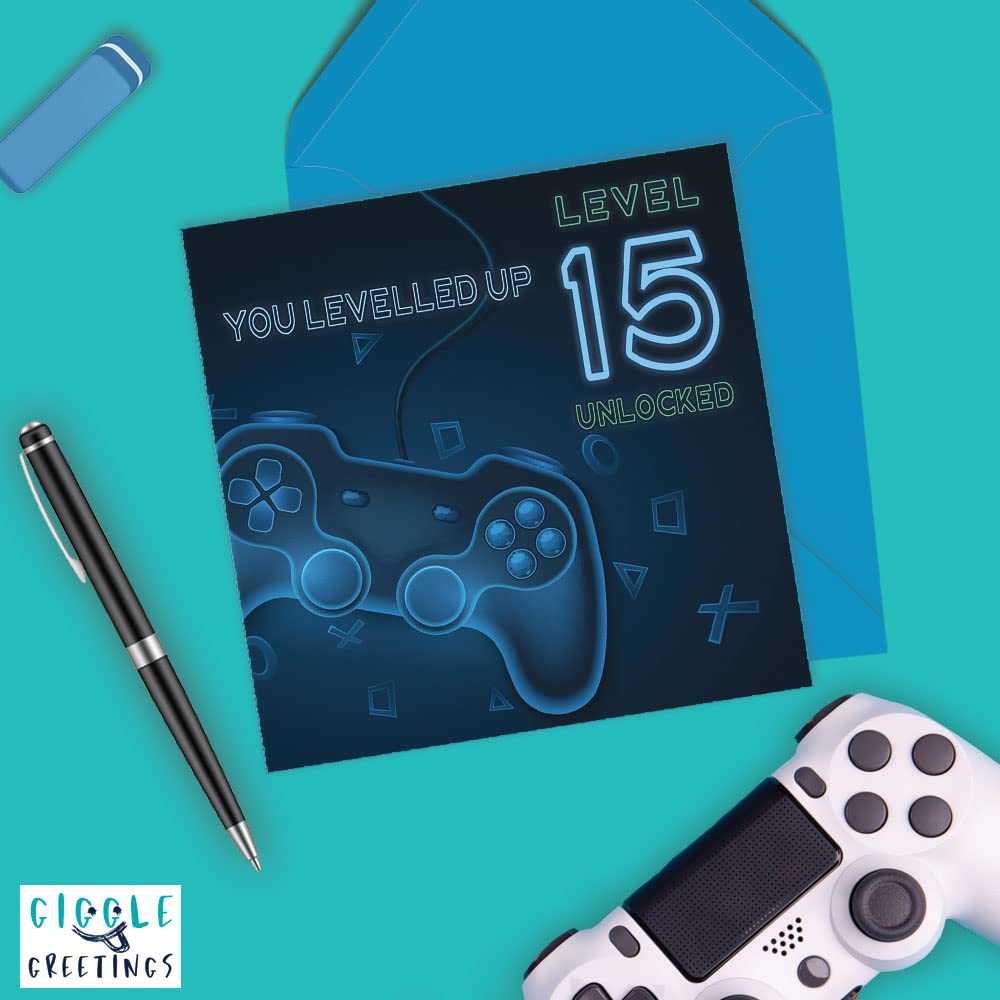 Biglietto di compleanno per ragazzini di 15 anni, con controller sbloccato, livello 15, con busta blu, ecologico Giggle Greetings