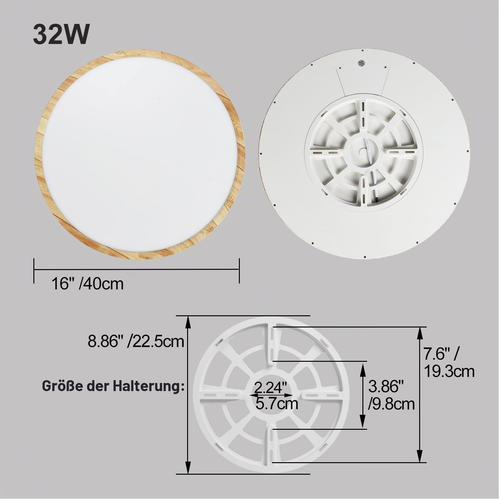 LVL LED-Deckenleuchte Holzmaserung, 40cm 32W Nordische Deckenleuchte Rund Flach für Wohnzimmer, Schlafzimmer, Küche, Büro, Flur