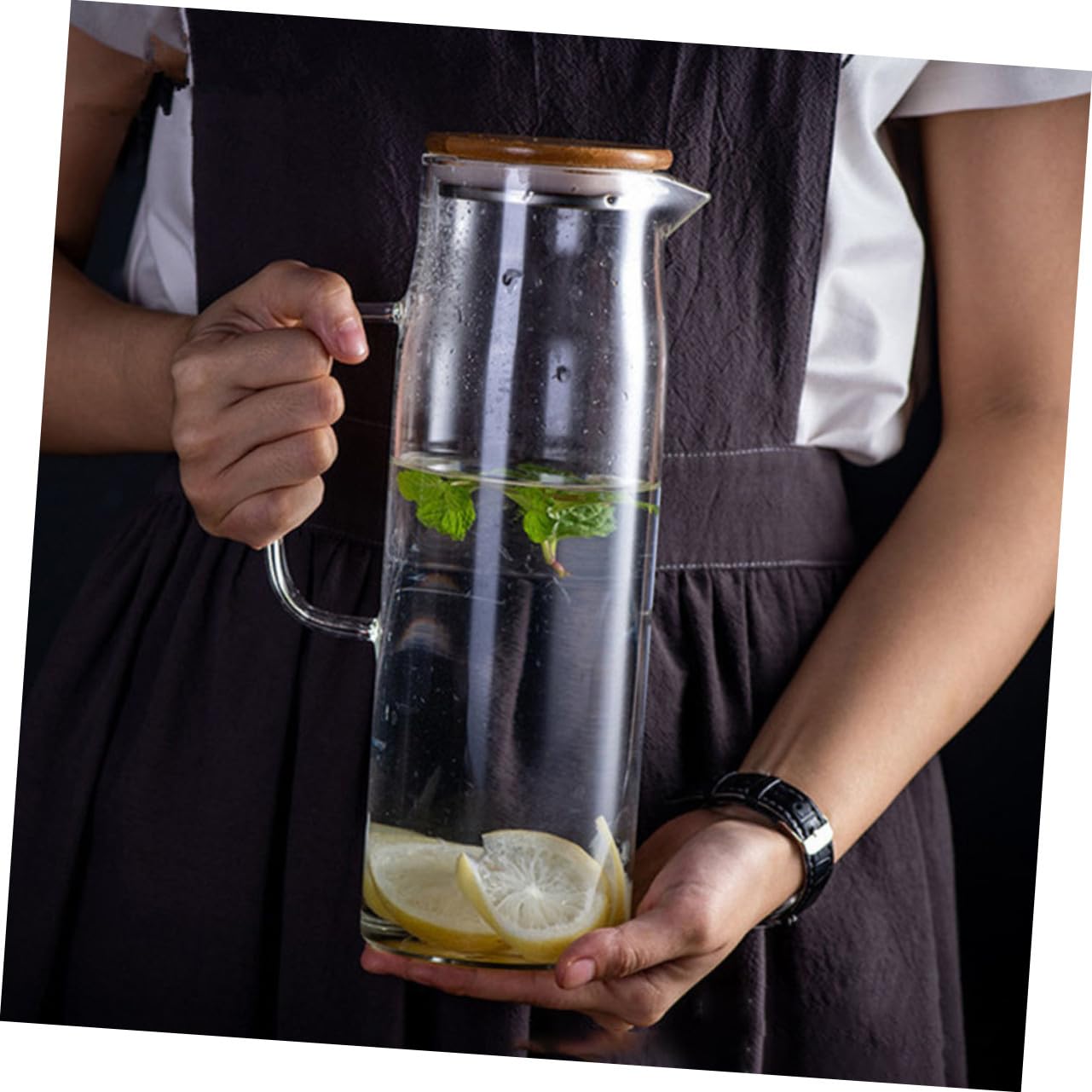 Jarra de Agua Fría de Vidrio de Borosilicato 1, 2 L Resistente al Calor | Gran Capacidad, Vidrio Grueso Antiexplosión, Tapa de Bambú, Apta para Bebidas Frías y Calientes