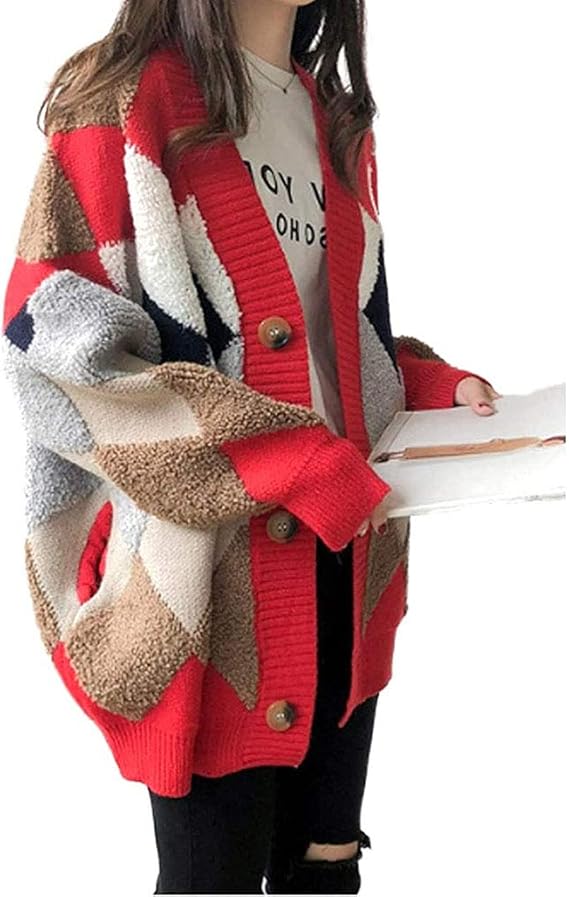 Amazon モコモコ カーディガン アーガイル 秋冬 ボア ニット 厚手 シンプル カジュアル コート おしゃれ レディース ワンサイズ レッド カーディガン ボレロ 通販