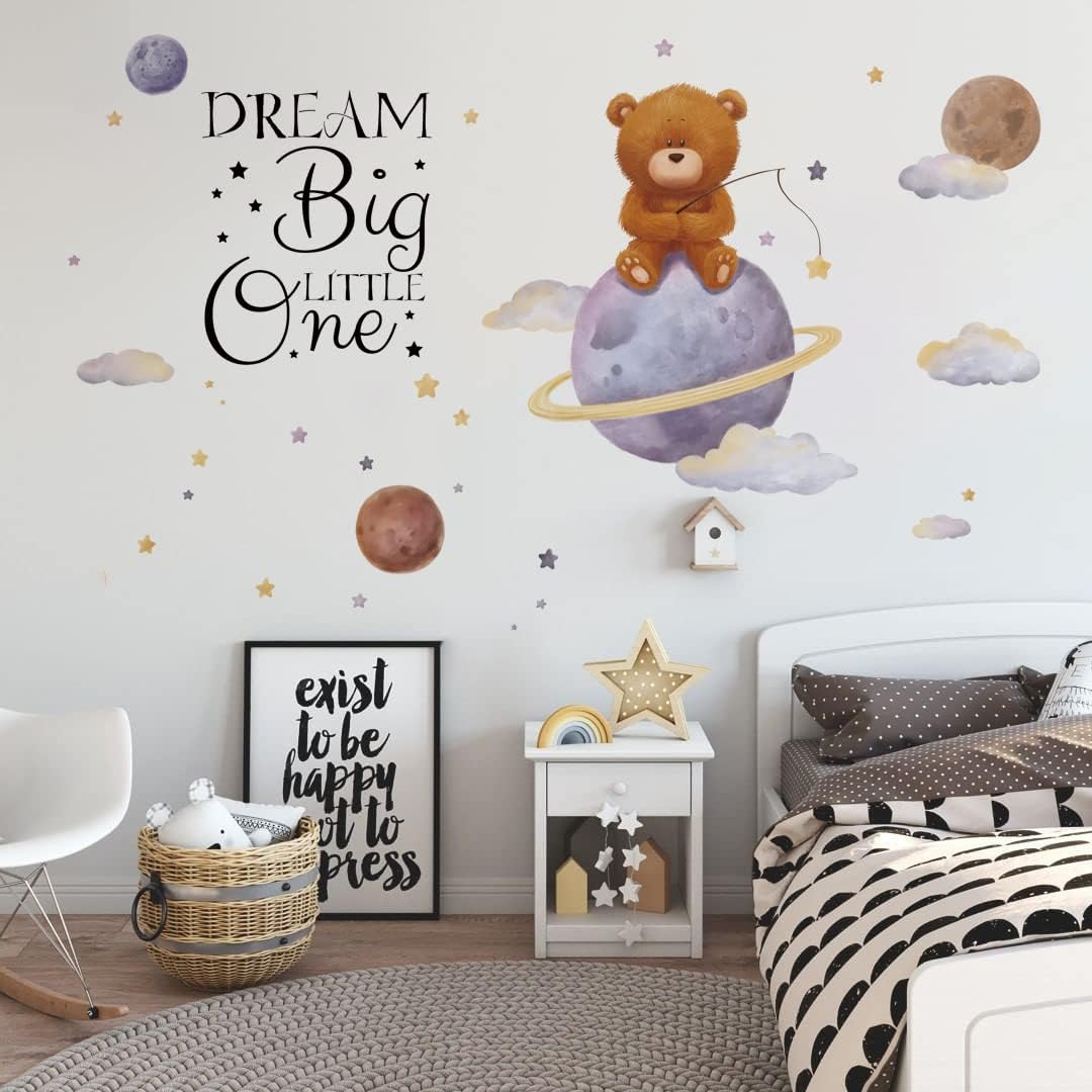 Runtoo Wall Sticker Bear Space Wall Decal Sayings Dream Big Little One Wall Decals Baby Room Children's Room - Image 3