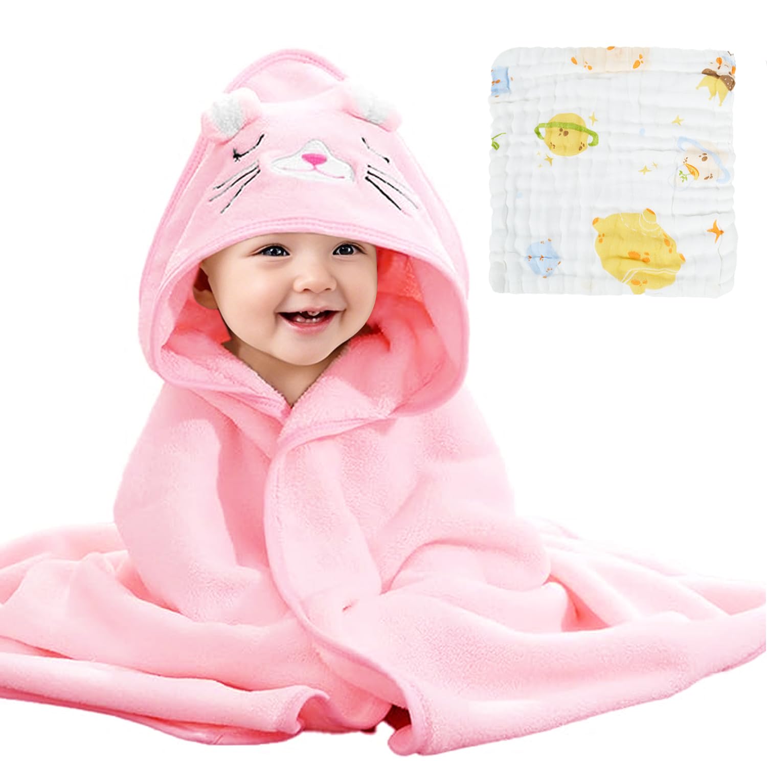 Asciugamano Con Cappuccio Per Neonati MHJY – 100% Mussola, 76x76 Cm, Con Orecchie 3D A Forma Di Animale, Morbido E Assorbente, Unisex