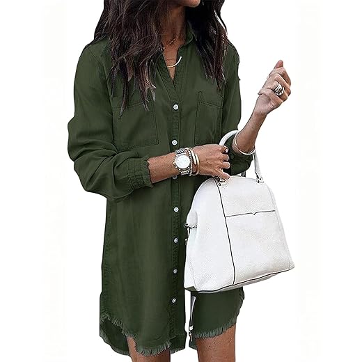 Zilcremo Women Denim Shirt Dresses Long Sleeve Distressed Jean Dress Button Down Casual Tunic Top