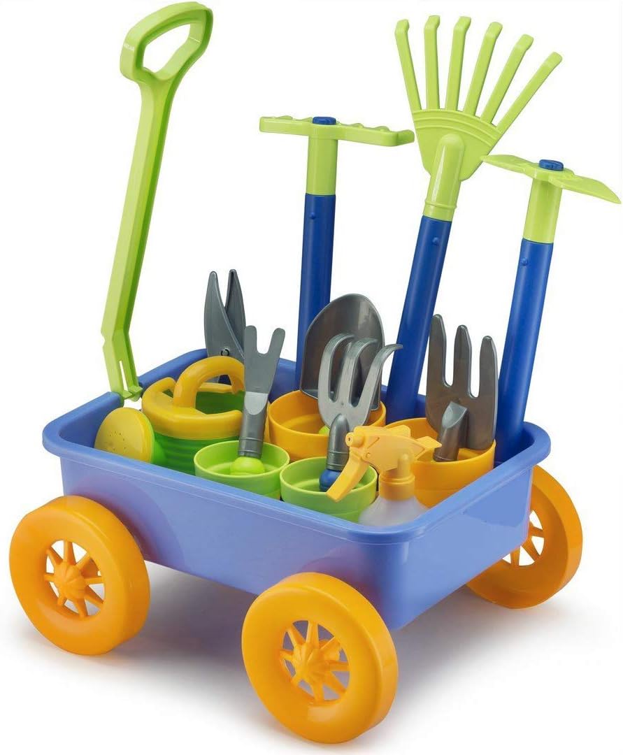 Liberty Imports Pull Along Garden Wagon and Gardening Tools Toy Play Set for Toddlers, Kids with Outdoor Tools, Plant Pots, Accessories