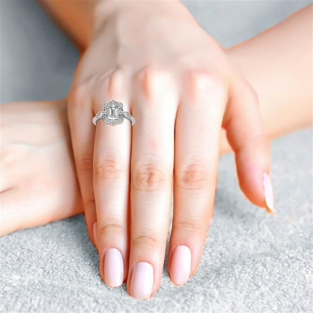Antique Vintage Style Halo Emerald Cut Moissanite Engagement Ring Set for Women Bridal Wedding Ring Handmade Anniversary Promise