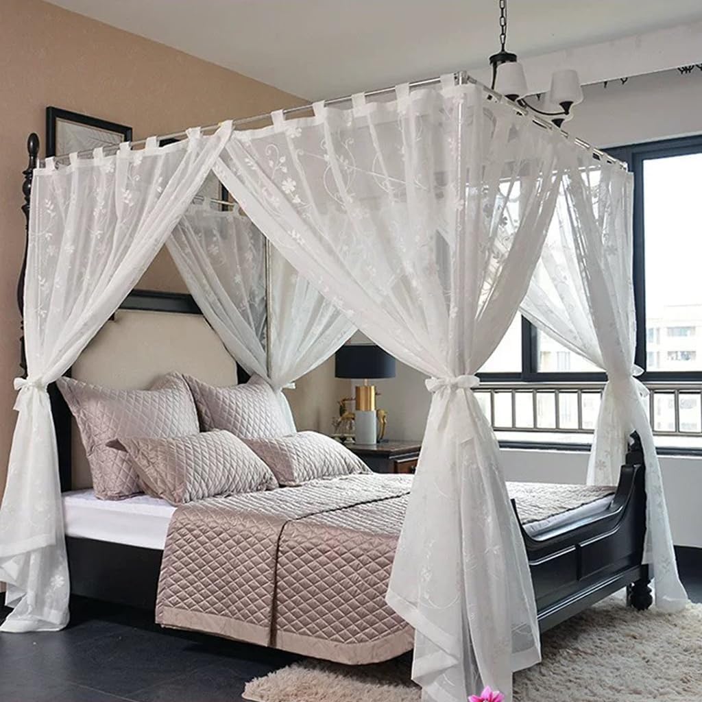 6 Panels White-Floral Linen Sheer Canopy Bed Curtains, 4 Corner Bed Canopies & Drapes, Four Poster Bed Canopy Curtains Beds, Sheer Curtains for Canopy Bed Drapes (White-3, Full)
