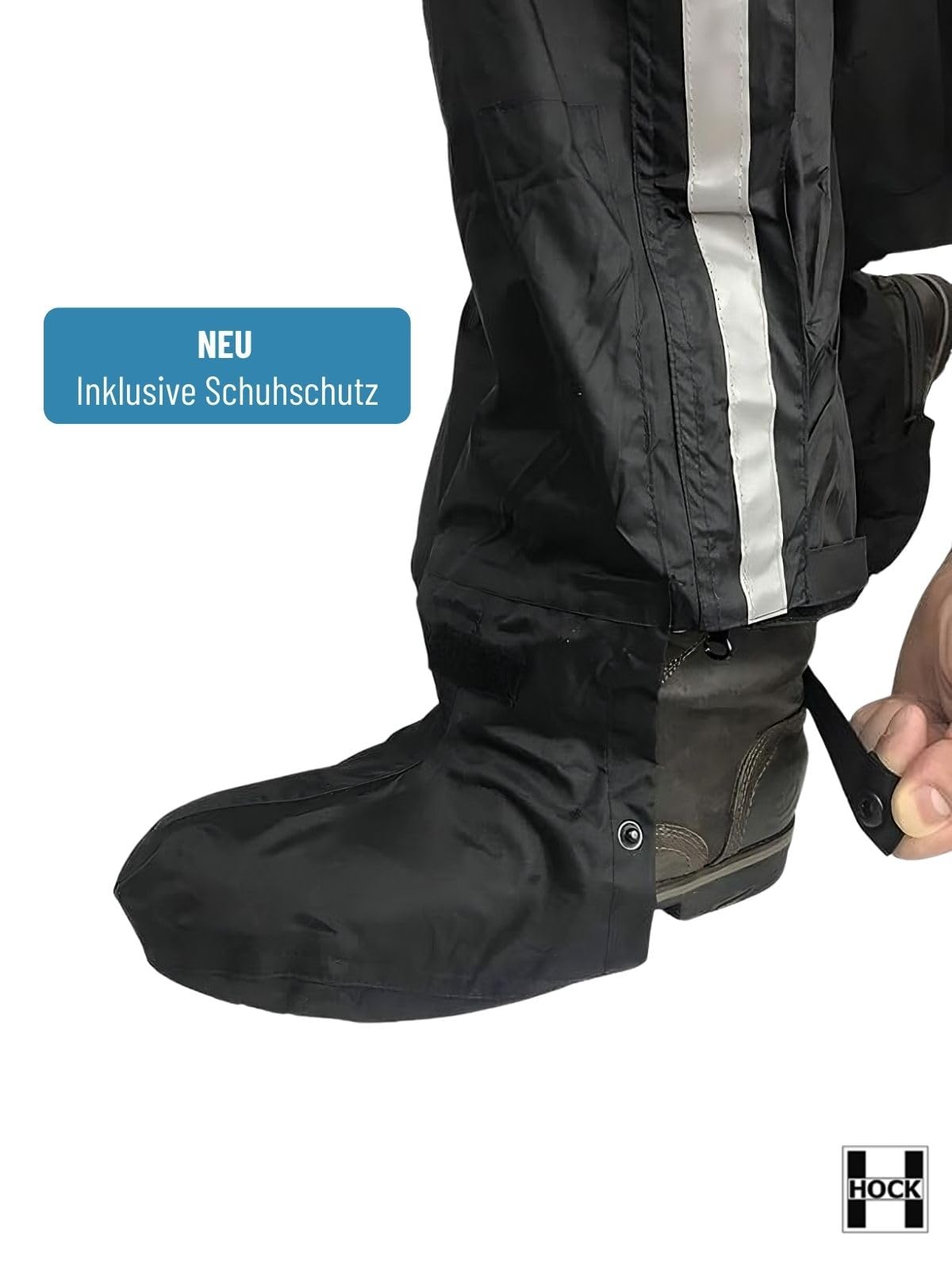 HOCK Unisex Regenhose Fahrrad inkl. ausfaltbarem Schuhschutz - Hochwertige Regenbekleidung mit Reflektor-Streifen - 100% wasserdichte Hose für Herren und Damen