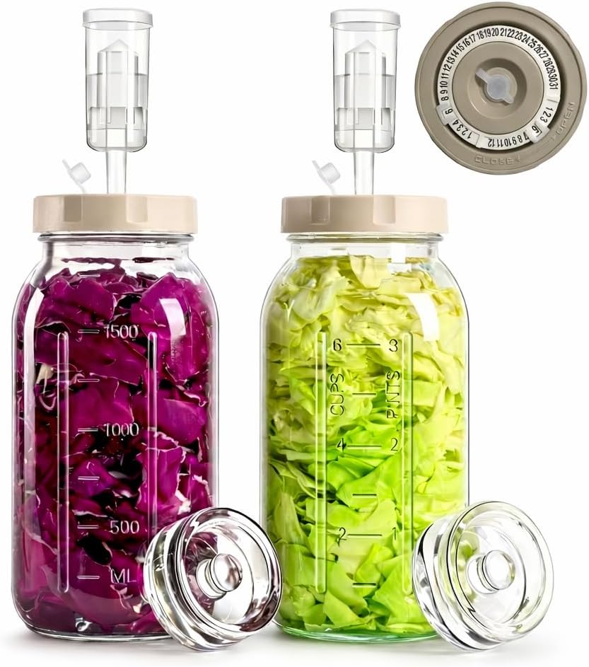 64oz Glass Fermentation Jar, 2L Glass Fermenting Jar with Dial Date Tracker Lids, Airlocks & Weights, Fermenting Kit for Sauerkraut, Pickling, Kombucha & Cider(2 Pack Jars Included）