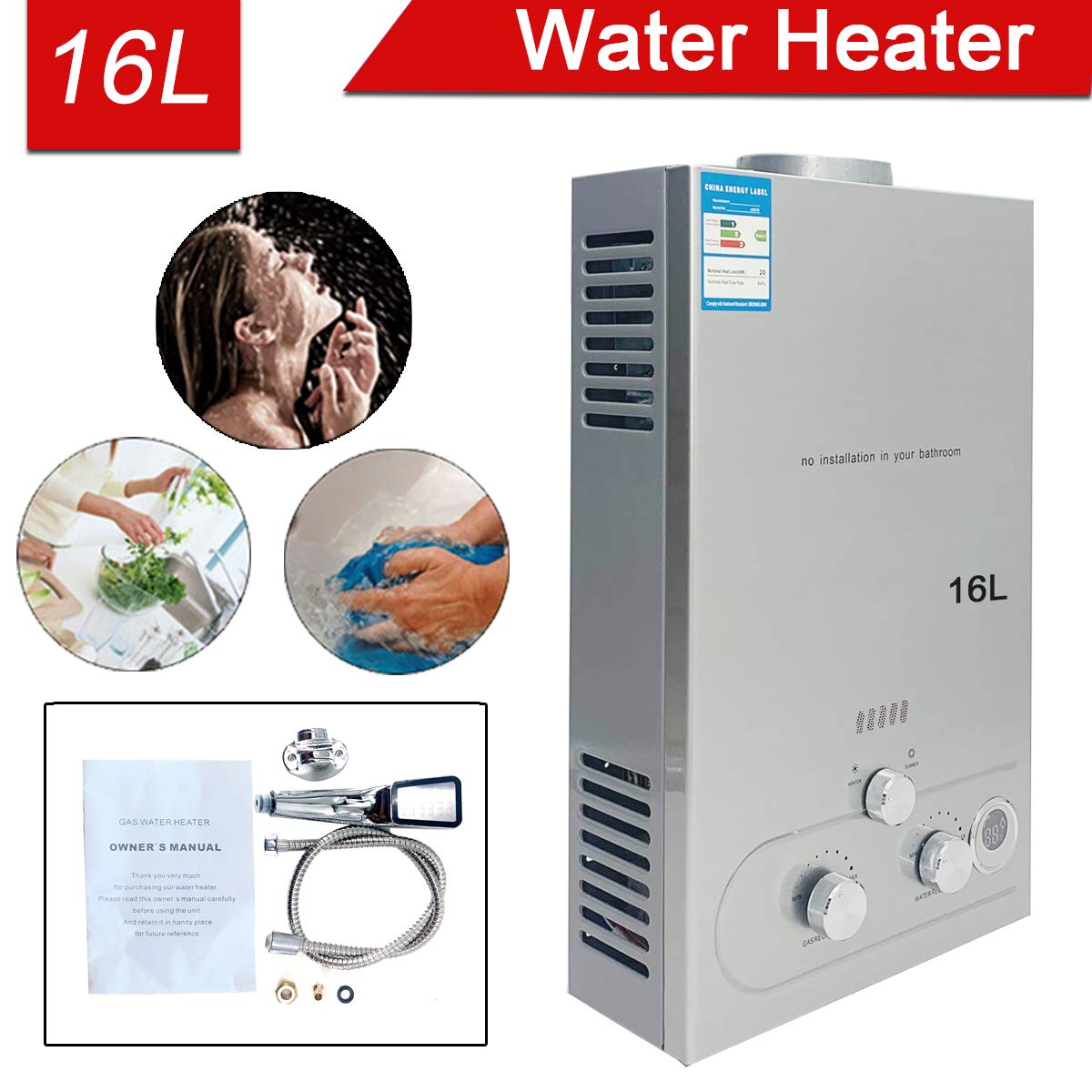 Tragbarer Gas Durchlauferhitzer 16L 32KW Propangas Campingdusche für Dusche im Außenbereich Dusche Bad Warmwasser Camping Dusche LPG Warmwasserbereiter Tankless Instant,Silber